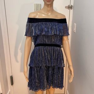 Like New Glam Navy Blue Metallic Tiered Off the Shoulder Dress